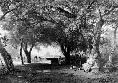 View of Rome from the Pincio where the Villa Medici stands. In the background we see the dome of St. Peter. Engraving, about 1840 by Unknown artist