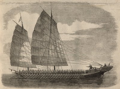 View of a Chinese pirate ship in Canton. Engraving in 