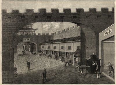 View of a street in the city walls of Guangzhou, China. Engraving in 