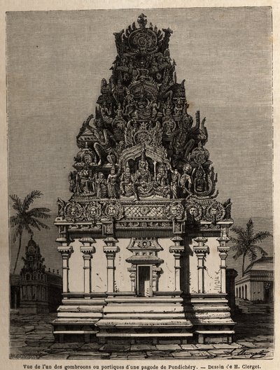 View of one of the gombrooons or porticos of a Pondichery pagoda (Pondicherry) (India). Engraving to illustrate an expedition to the pagoda of Chillambaran (Coromandel coast), from 1838 to 1844, by the counteradmiral Paris, director of the depot des cartes by Unknown artist