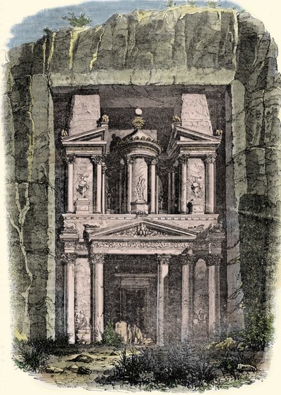 View of the Khazneh (the Treasury) of Petra in Jordan, Former Capital of the Nabatean Empire. 19th Century Engraving by Unknown artist