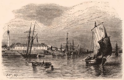 View of the Port of Lorient, Morbihan, Brittany, France: sailboats and boat in the foreground, harbor buildings and lighthouse in the background by Unknown