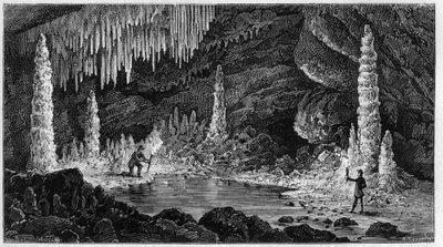View of the Reclere cave in Switzerland. Engraving in 
