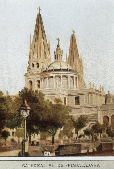 View of the cathedral of Guadalajara in Mexico City, Mexico. Chromolithography of the 19th century by Unknown artist
