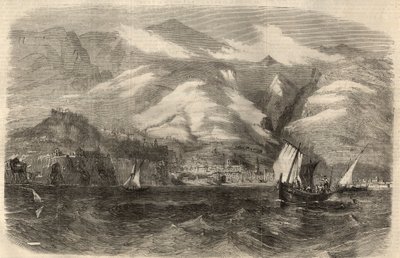View of the city of Funchal on the island of Madeira in Portugal. Engraving in 