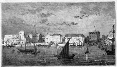 View of the city of Zanzibar in Africa. On the left, the French consulate. On the right, the sultan