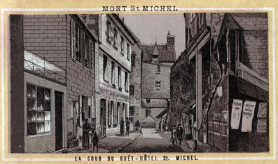 View of the courtyard of the Guet Hotel on Mont Saint Michel, Manche, Normandy. Chromolithography of the late 19th century. by Unknown artist