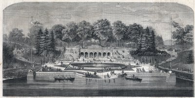 View of the garden Central Park in New York, United States. Architecture by Frederick Law Olmsted (1822-1903) and (1824-1895) in the Manhattan district. Engraving in The Illustrious Universe by Unknown artist
