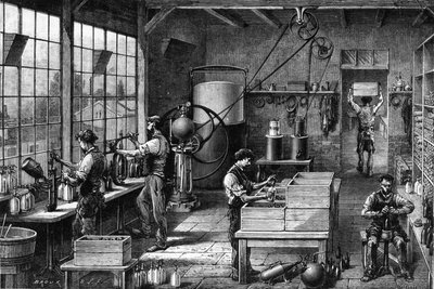 View of the interior of a Seltz water plant (carbonated water): it is prepared thanks to a strong pressure inside a bottle called Siphon. Different stages, manufacturing, and bottling. Engraving by Unknown artist