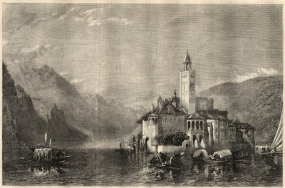 View of the monastery Mater Ecclesiae on the island of San Giulio on Lake Orta in Italy. Engraving after a painting by William Collingwood Smith (1815-1887). In 