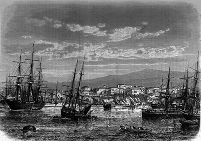 View of the port of Piree in Greece. Engraving in 