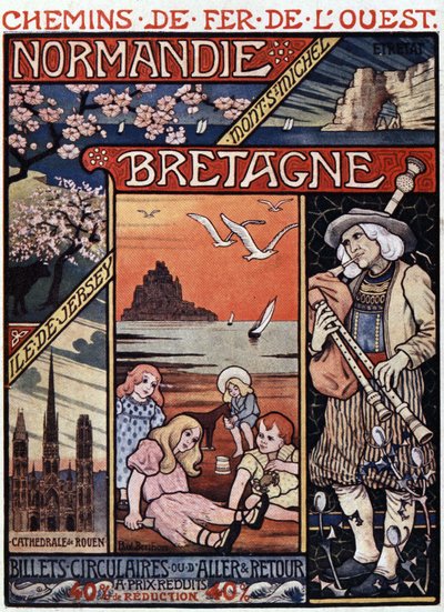 Views of Normandy (Rouen and Etretat) and Brittany (Mont Saint Michel), children on the beach and bagpipes player - advertising poster of the Railways de l