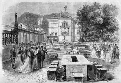 Visit of Emperor Francois-Joseph and Impress Elisabeth of Austria (Sissi) with Eugenie, Impress of the French and Napoleon III to the imperial residence of Hellbrunn in Austria on August 21 by Unknown artist