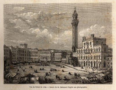 View of the town hall square of Siena, engraving to illustrate a voyage to Siena (Italy) in 1865, in 