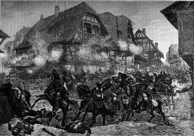 War of 1870: the charge of the 8th and 9th battleships through the streets of Morsbronn (Alsace). Engraving in 