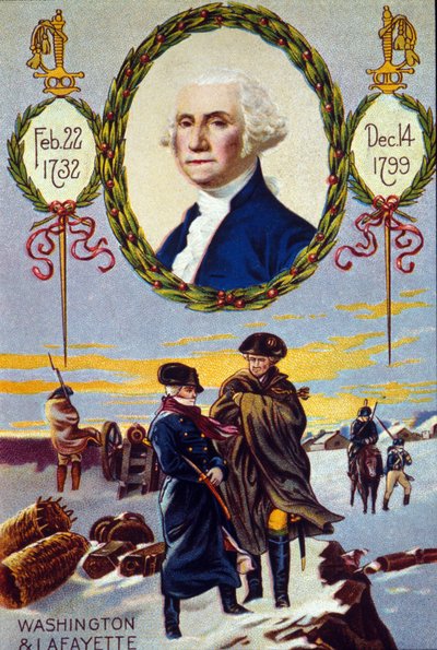War of Independence of the United States: the Marquis de Lafayette (1757-1834) Met George Washington (1732-1799) at Valley Forge to Help him in 1777. Chromolithograph of the 19th Century by Unknown artist