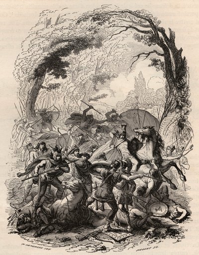 War of the Gauls: Battle of Aduatuca between the Belgian people of the Eburons and the Roman army. Defeated Quintus Titurius Sabinus and Lucius Aurunculeius Cotta in 54 BC. Engraving from 1868 in 