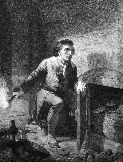 War of the Spanish Succession: Representation of the Piemontane Miner Soldier Pietro Micca Apprehending a Barrel of Powder to Prevent the Passage of the French Soldiers into the Basement of the Citadel During the Siege of Turin in 1706 by Unknown artist