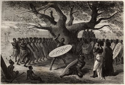 Warrior exercises of the Landines or caffres-zulus, a Sena. Engraving to illustrate Dr. Livingstone