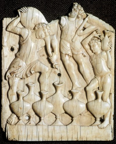 Wedding of Cana: the servants fill with water six jars that Jesus Christ will turn into wine (Carved ivory tablet, 11th century) by Unknown artist