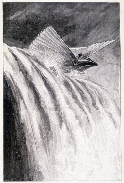 Winged vehicle crossing a waterfall, illustration 