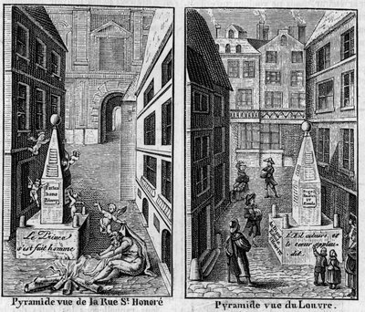 Winter Pyramid 1784 in Paris. Facsimile of two prints published in La Pyramide de neige, almanach of 1786. Engraving in La Nature: revue des sciences et de leurs applications aux arts et a l