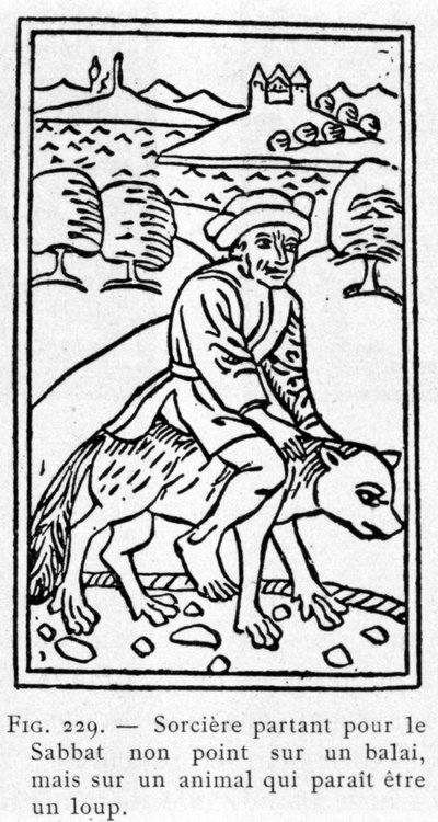 Witch leaving for the Sabbath not on a broom, but on an animal that seems to be a wolf by Unknown artist