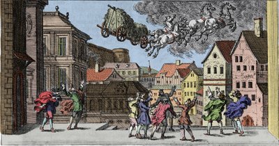 Witchcraft and beliefs: a Scandinavian magician provoking a storm so strong that she lifts a horse and his cart loaded with hay. Engraving from 