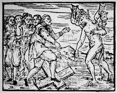 Witchcraft: the devil and the men walking on the Catholic cross - engraving by Unknown artist