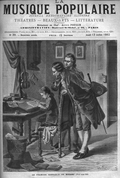 Wolfang Amadeus Mozart writing a concerto for harpsichord in the presence of his father Leopold and Andreas Schachtner in 1762 - engraving in “Popular Music” illustrated weekly newspaper - 1882 by Unknown artist