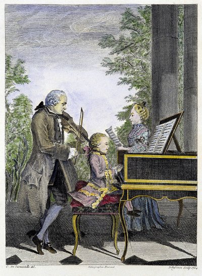 Wolfgang Amadeus Mozart child on piano surrounded by his father Leopold on violin and his sister Marianne on singing - engraving by Unknown artist