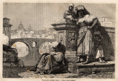 Women and Children of the Roman Countryside at Rest on the Edge of the Tiber, Behind the Horizon: The Domes of St. Peter
