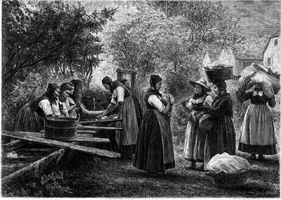 Women do laundry in Alsace. Engraving in the illustrious journal 