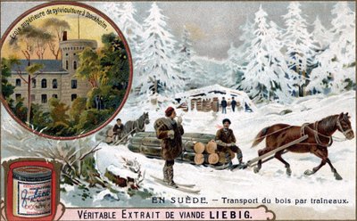 Wood Transport by Sleds, Sweden. Chromolithography, Liebig Image. by Unknown artist