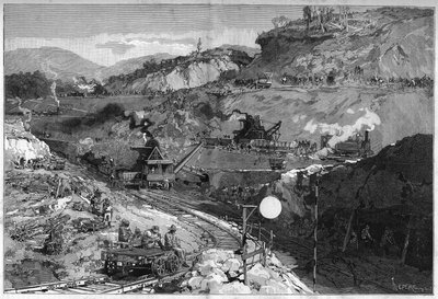 Worker on the trench site in Lower Obispo for the construction of the Panama Canal. Engraving in 