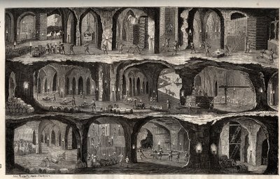 Working in the Wieliczka Salt Mine - mining town in Poland - View of underground works in the salt mines of Wieliska, in Gallicie - engraving in 