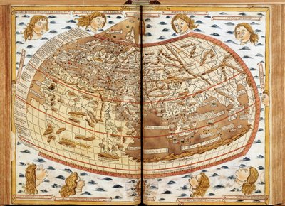 World map of Claude Ptolemy. The human heads blowing air represent the different winds. In 