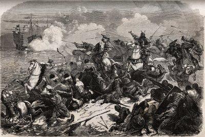 Yori Omo and a samurai army repel the invasion of the Mongols in 1274 led by Qubilai, but typhoons (kami kaze: wind of the gods) repel and capsize the Mongolian fleet, sparing Japan by Unknown artist
