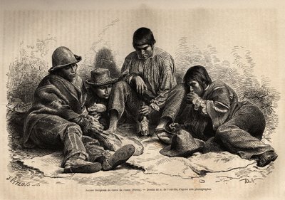 Young Indians from Cerro de Pasco (central Peru), gather for breakfast. Engraving to illustrate Les iles Chincha, rect by L. Simonin, in 1860, published in 