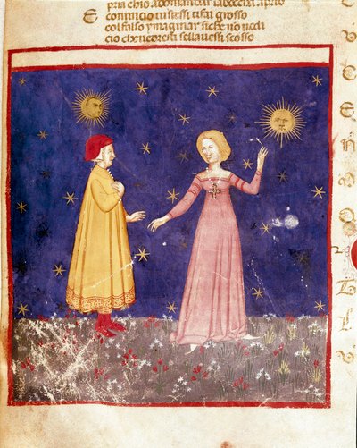 First heaven: Dante meets Beatrice in Paradise. Illuminated page illustrating a song of Paradise from the 