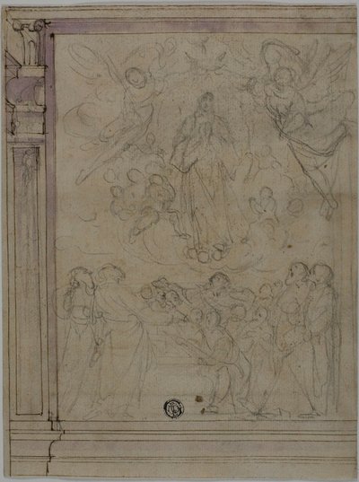 Assumption of the Virgin (recto); Sketches of Architectural Details (verso) by Unknown Florentine