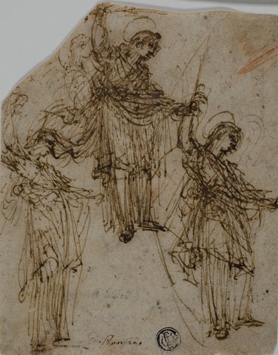 Sketches of a Standing Saint Holding a Sword (front); Sketches of Figures and Heads (back) by Unknown Lombard