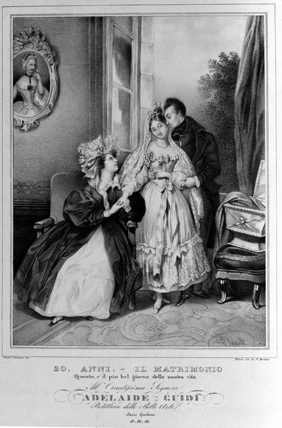 20 years: marriage. Representation of a couple of newlyweds. 19th century lithograph. by Unknown artist