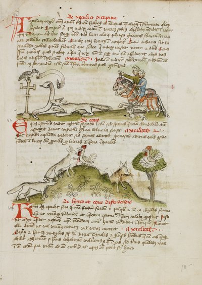 A Fox Threatening a Bird Perched on a Wayside Cross and Two Horsemen Pointing to the Scene; A Fox Running and Catching a Hen; A Hen in a Tree above a Fox by Unknown artist