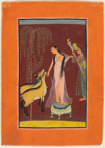 A Lady with Attendant and a Pair of Deer: Probably Gujari Ragini of Dipak, from a Pahari Ragamala by Unknown artist