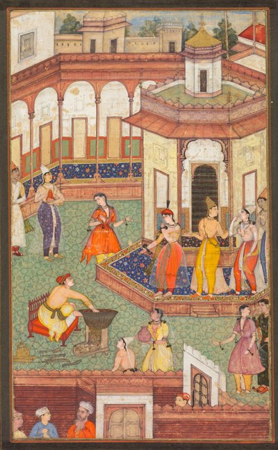 A Man Dips His Hand into a Cauldron as Ladies of the Harem Stand in Amazement: A Page from a Manuscript of Religious History by Unknown artist