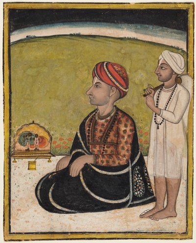A Ruler Seated on a Terrace Worshipping at a Shrine of Radha and Krishna by Unknown artist