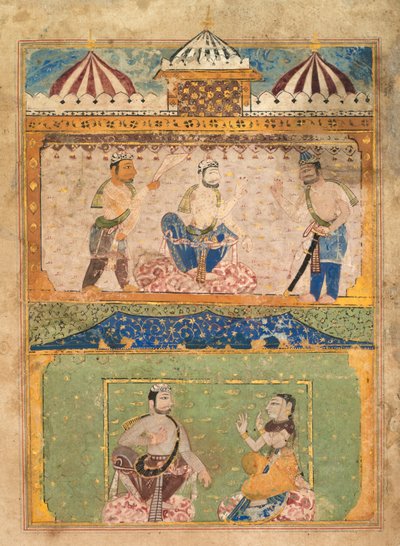 A Traveler Persuades Lorik to Return Home (top); Chanda Objects (bottom), from a Chandayana (Story of Chanda) by Unknown artist