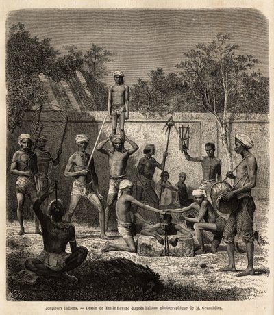 A band of Indian jugglers. Engraving to illustrate the voyage in the meridional provinces of India, by Alfred Grandidier, in 1862-1864, published in le tour du monde, under the direction of Edouard Charton, Hachette, Paris 1869. Selva Collection by Unknown artist
