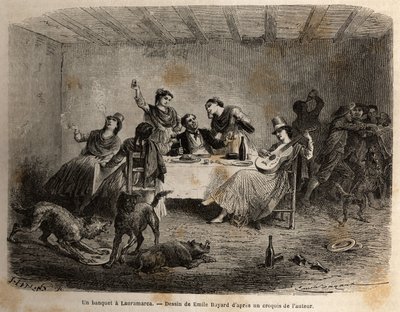 A banquet in Lauramarca (Lower Peru), a man surrounded by Indian women, is served and pampered, while, taking advantage of his distraction, his servants clash without his knowledge. Engraving to illustrate the voyage in the valleys of Quinquinas (Peru) by Unknown artist